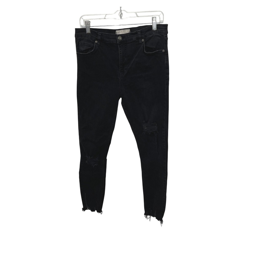 Free People Skinny Jeans Womens 30 Black Distressed Raw Hem High Rise‎